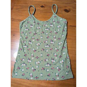 Green Ribbed Floral Print Tank Top - Size M - Delicate Soft Girl Y2K Style